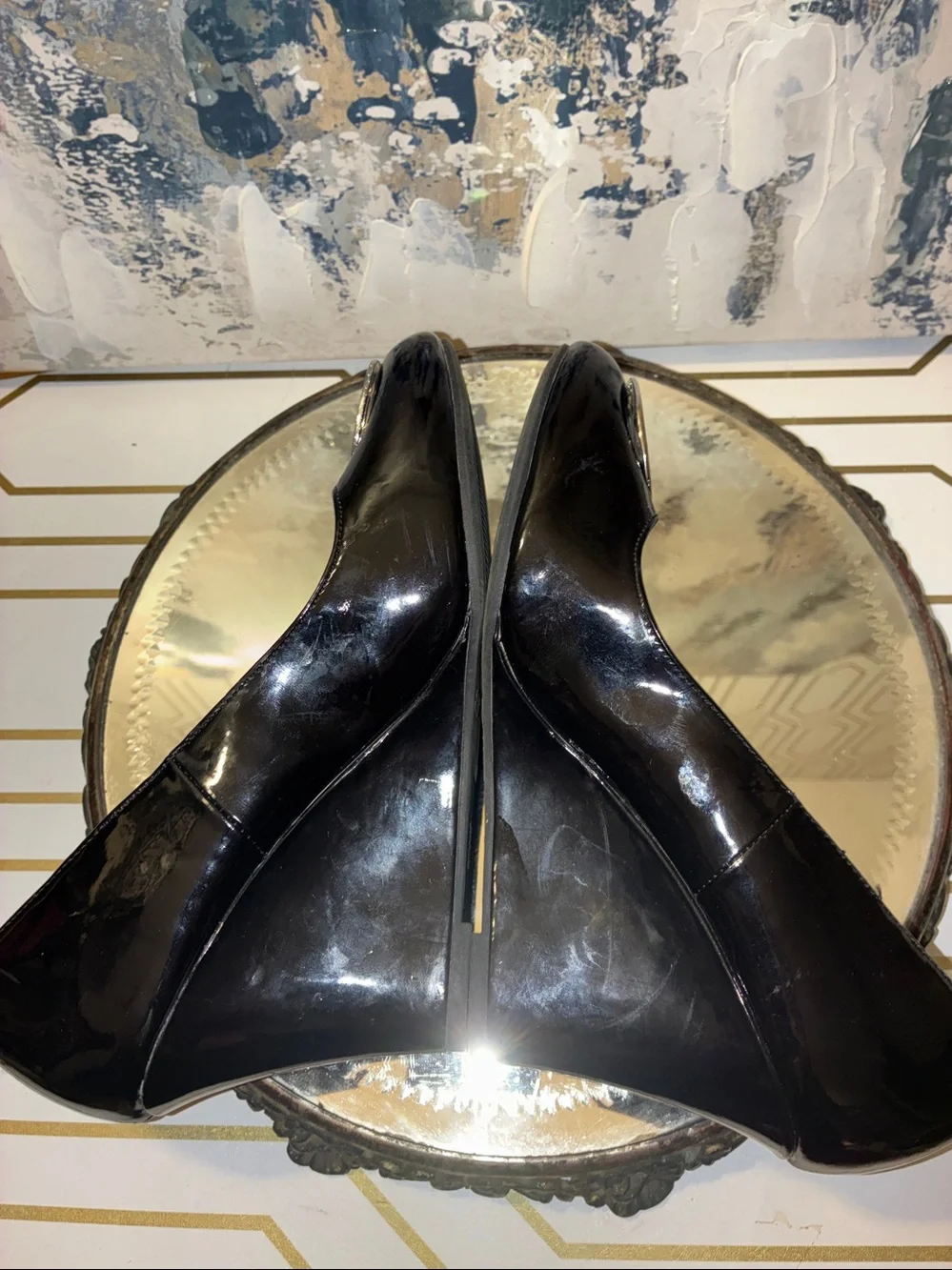 Genuine Fioni Black Patent Wedge Pumps with Silver Medallion Size 6.5
